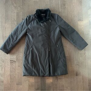 HALSTON Black‎ Puffer Mid Length Jacket Fur Collar SIze 10